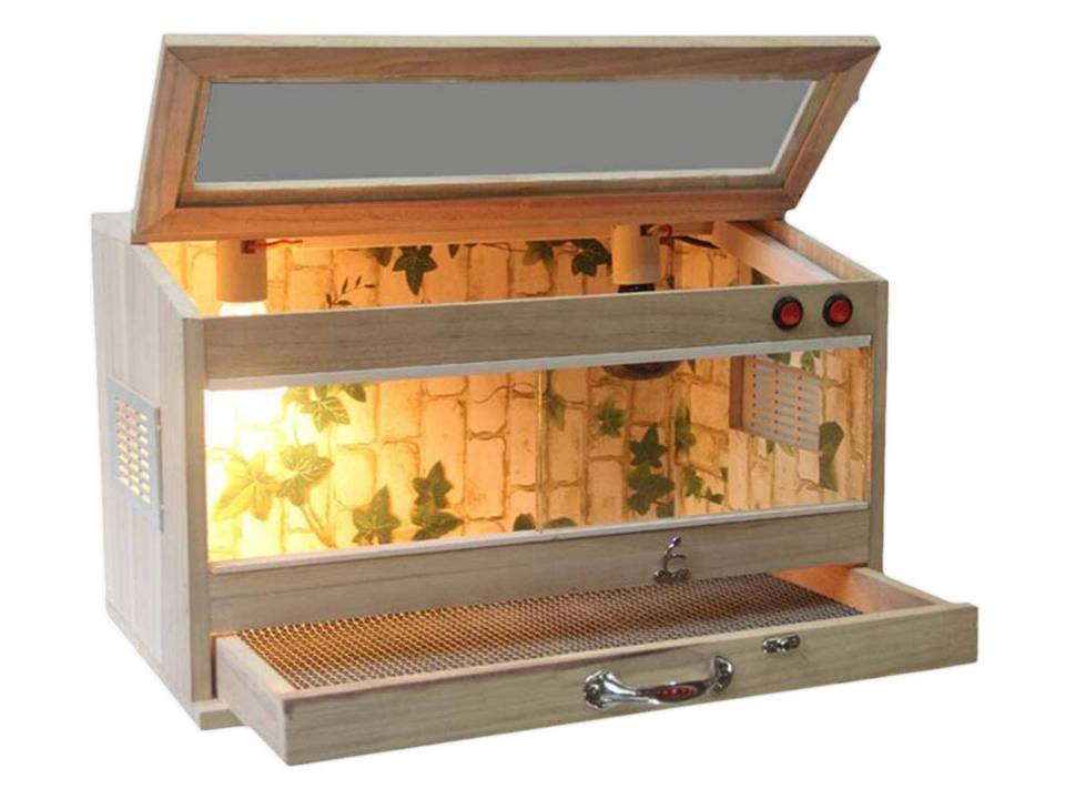 Terrarium bois pour tortue avec éclairage et sol à tiroir 40 cm